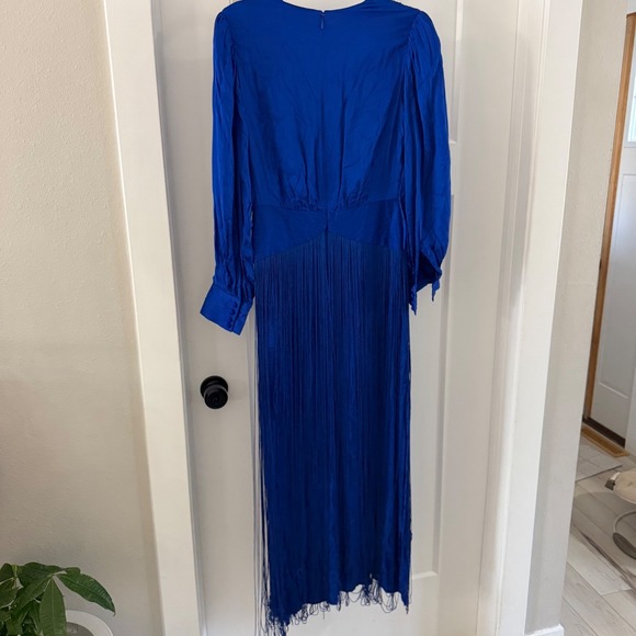 Farm Rio Bright Blue Fringes Maxi Dress Long Sleeve VNeck Beaded Size S Boho NWT